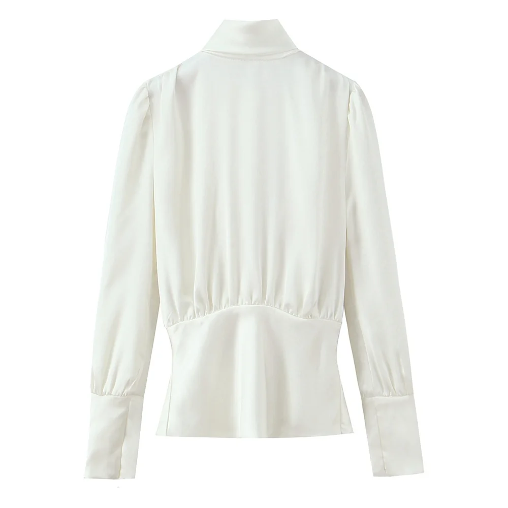 

New autumn and winter women's fashion high neck long sleeved silk satin texture bow decoration backless shirt