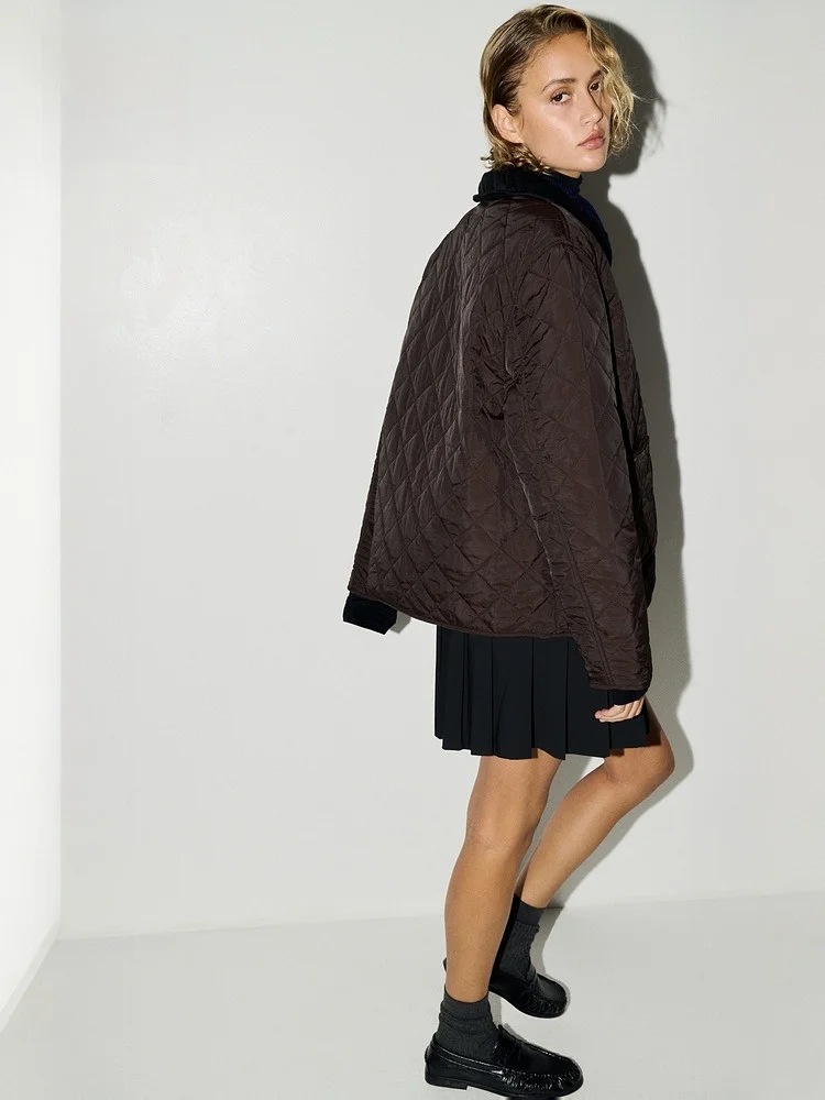 H&M Dames ort Jaet 2025 Winter Nieuwe Single Button Corduroy Kraag Bfled Diamond Patroon Gewatteerde Nylon Vezel Jas