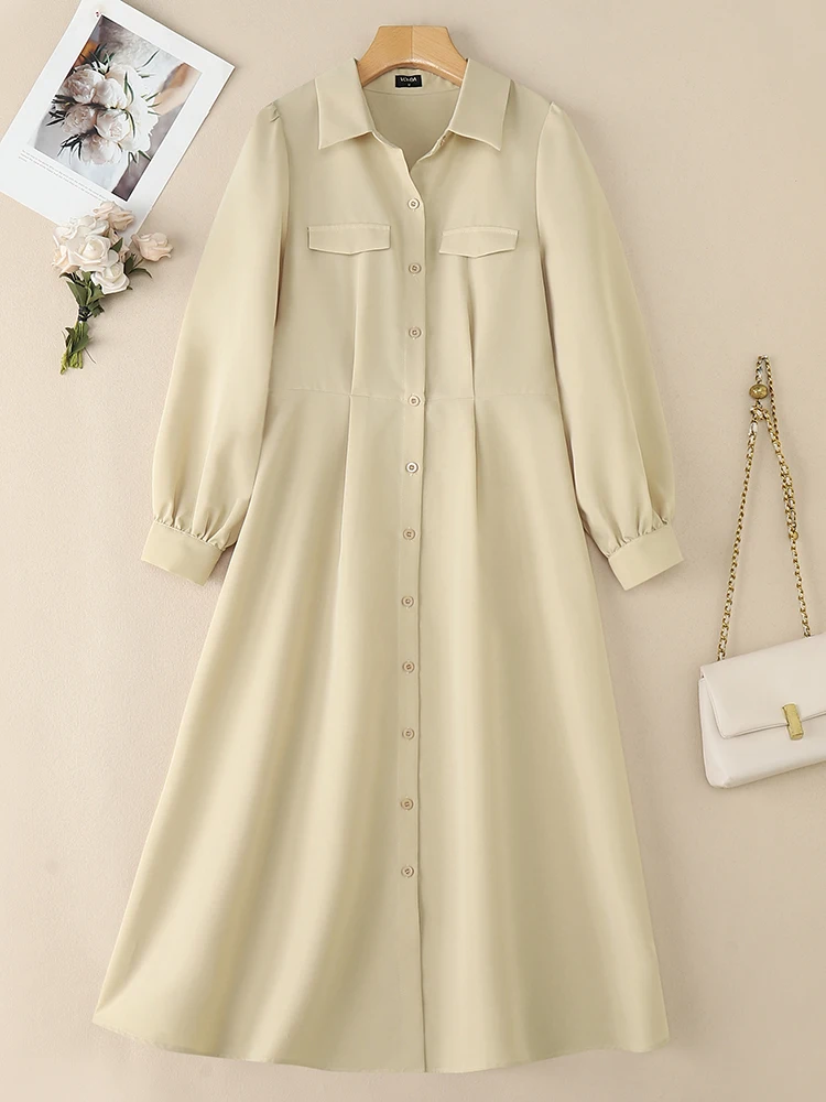VONDA Elegante Camicia Lunga Abiti da Donna Manica Lunga Risvolto Midi Abiti 2025 Autunno Casual Pulsante Solido Moda Autunno Party Robe