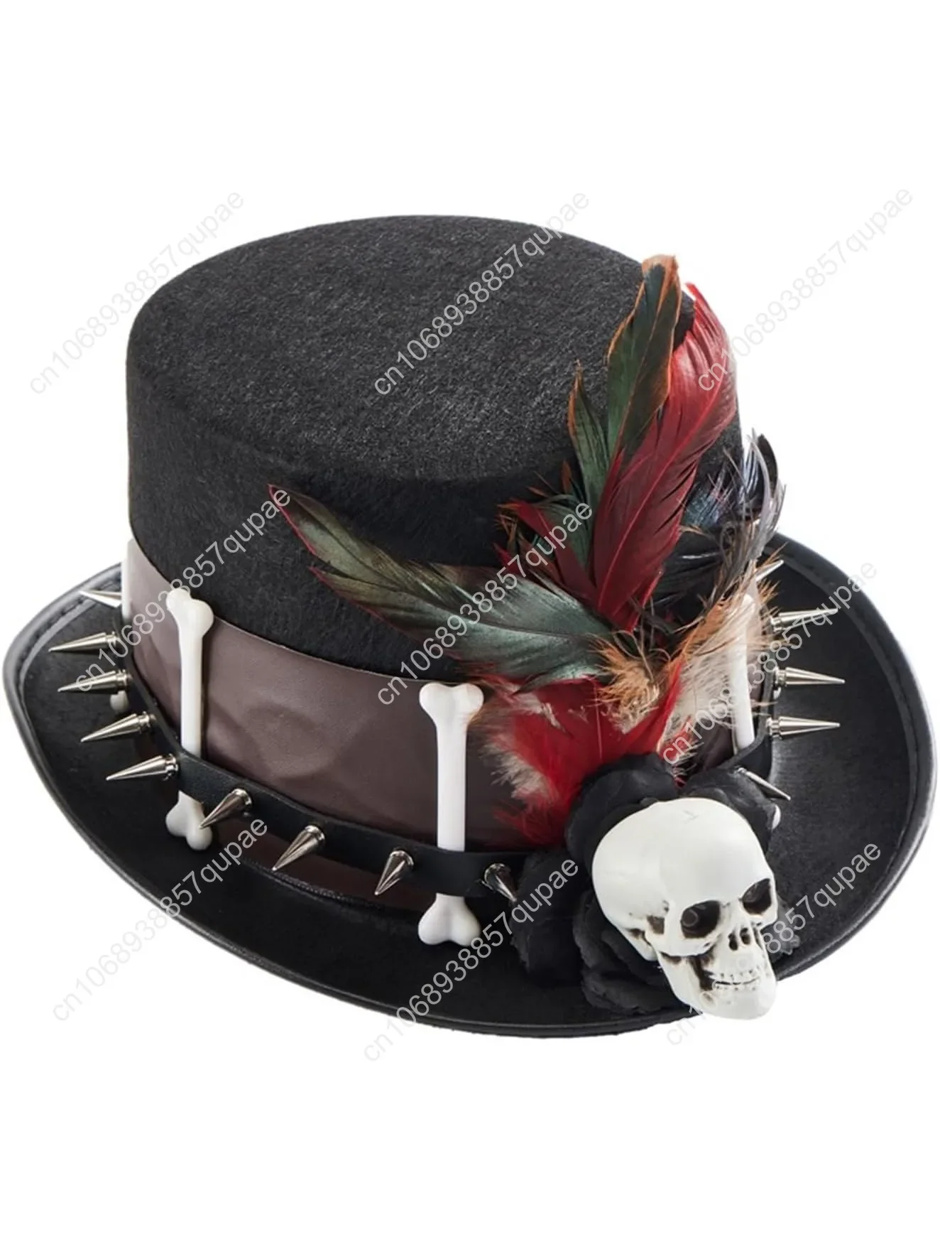 

Flat Top Hat with Skull&Rivet Steampunk Medieval Cap Halloween Girl Feathered Fedoras Stage Performances Hat