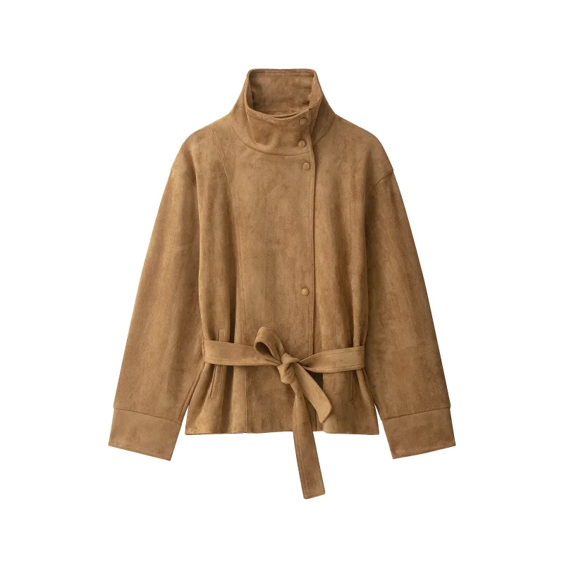Damen Herbst Winter Hochkragen Wildlederjacke Einfarbig Einreihig Langarm Gürtel Tailliert Lockerer Mantel Lässige Mode Streetwear – Detail 19