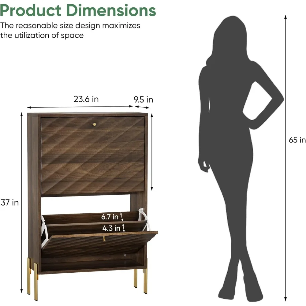 Scarpiera con porte a linee diagonali testurizzate, 2 cassetti ribaltabili, scarpiera stretta in noce per ingresso