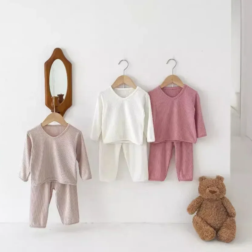 

Simple Children's Home Wear Baby Solid Color Striped Loose Pajama Set Boys' Base Layer Girls' Pajamas Autumn