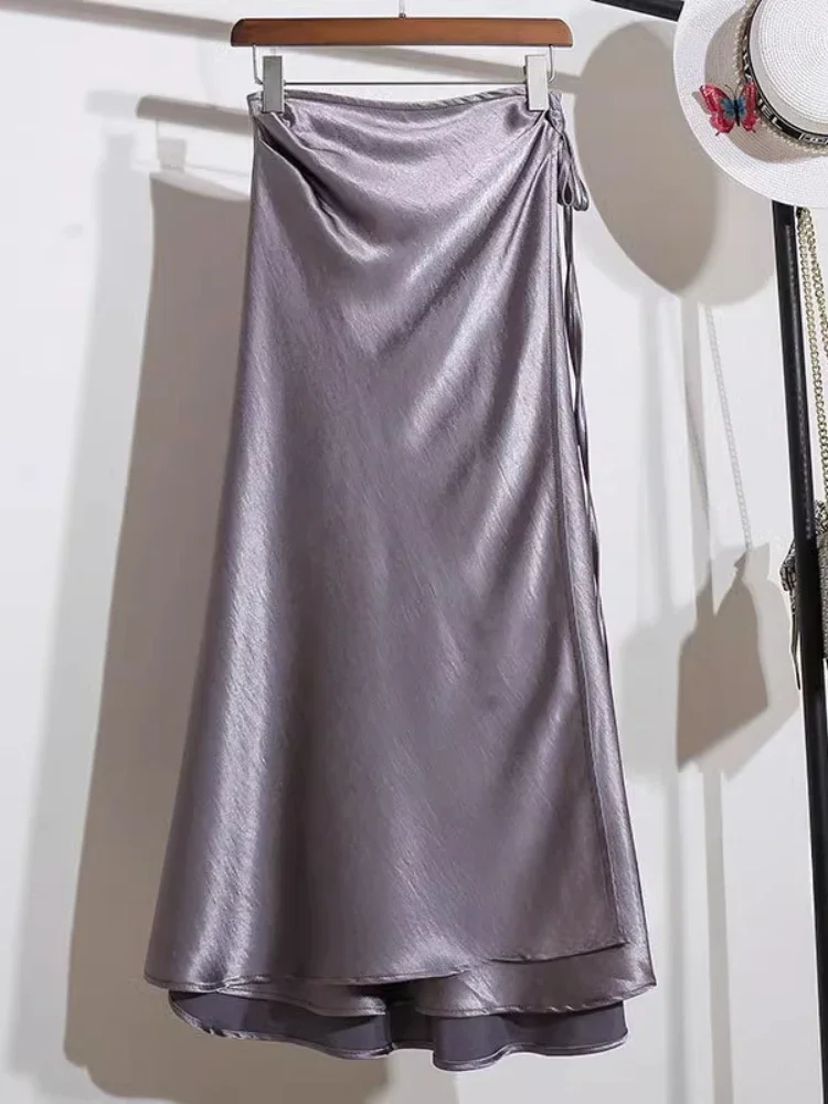 High-waisted Champagne Lace-up Design Satin A-line Skirt Slit Women's Fishtail Skirt Spring Summer Elegant Long Skirts for Women