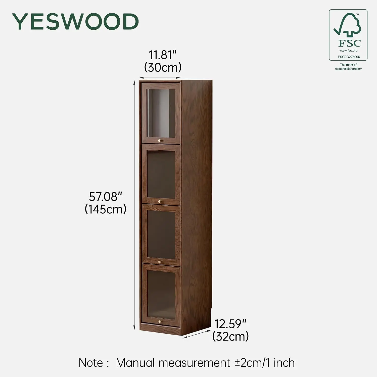 Oak Narrow Bookcase 4 Tier Slim Storage Cabinet with Glass Flip-Up Doors, Display Cubes for Home Office Gap, Customized