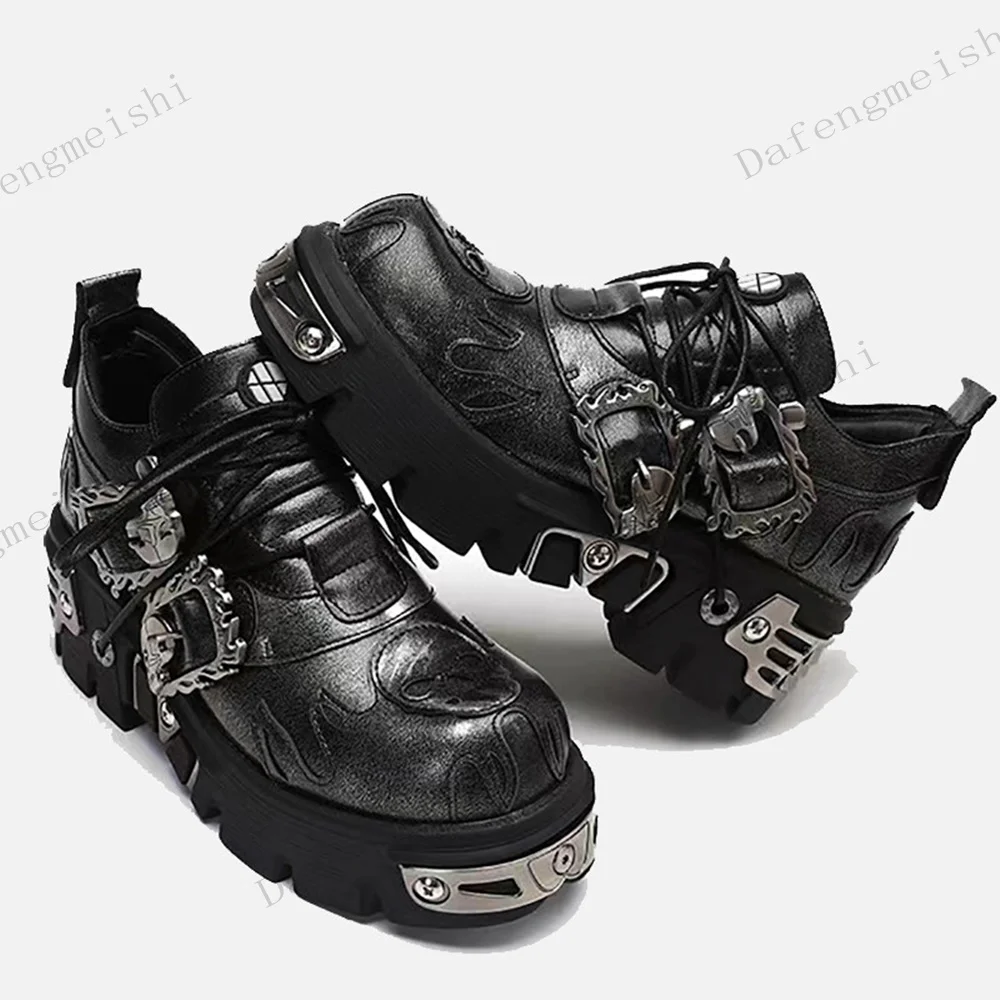 Women Gothic Platform Chunky Shoes Metal Buckle Decor Lace Up Punk Streetwear Thick Sole Non Slip Party Casual Footwear Shoes view 4