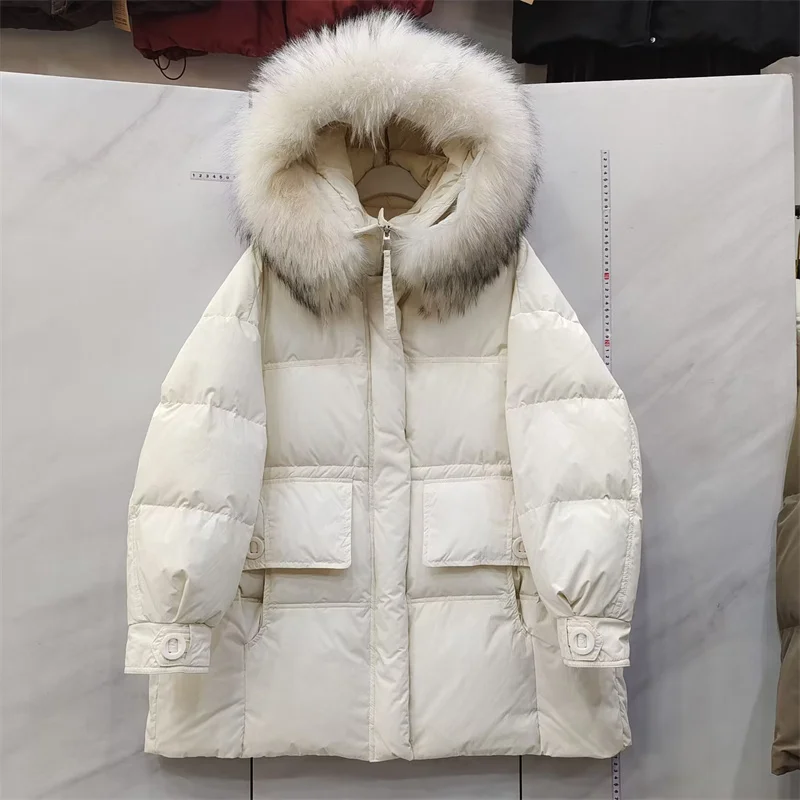 

Зимний пуховик из натурального большого меха с капюшоном, женская куртка на белом утином пуху с завязками, парка, верхняя одежда, женская толстая теплая куртка средней длины