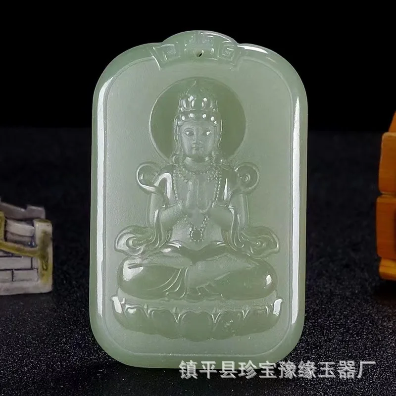 Qinghai Material Boy Pendant Hetian Lake Green Jade -Handed Guanyin Double-Sided