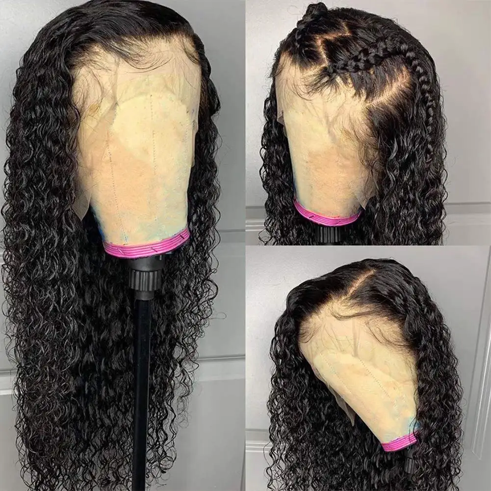 Curly Lace Frontal Peruca, Cabelo Humano Brasileiro, Água Onda Profunda, Glueless, 150 Densidade, 30 in, 32 in, 13x4