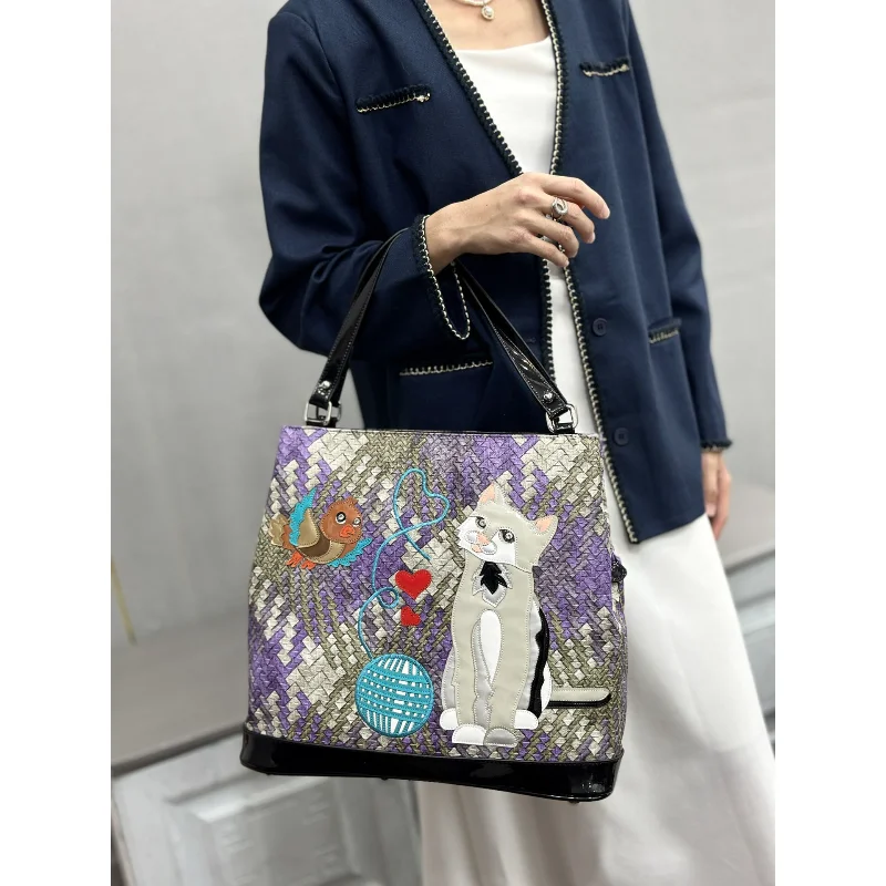 Blue Woven Tote Bag with Cat & Bird Embroidery, Novelty Animal Print Shoulder Bag, Artistic PU Leather Top Handle Purse