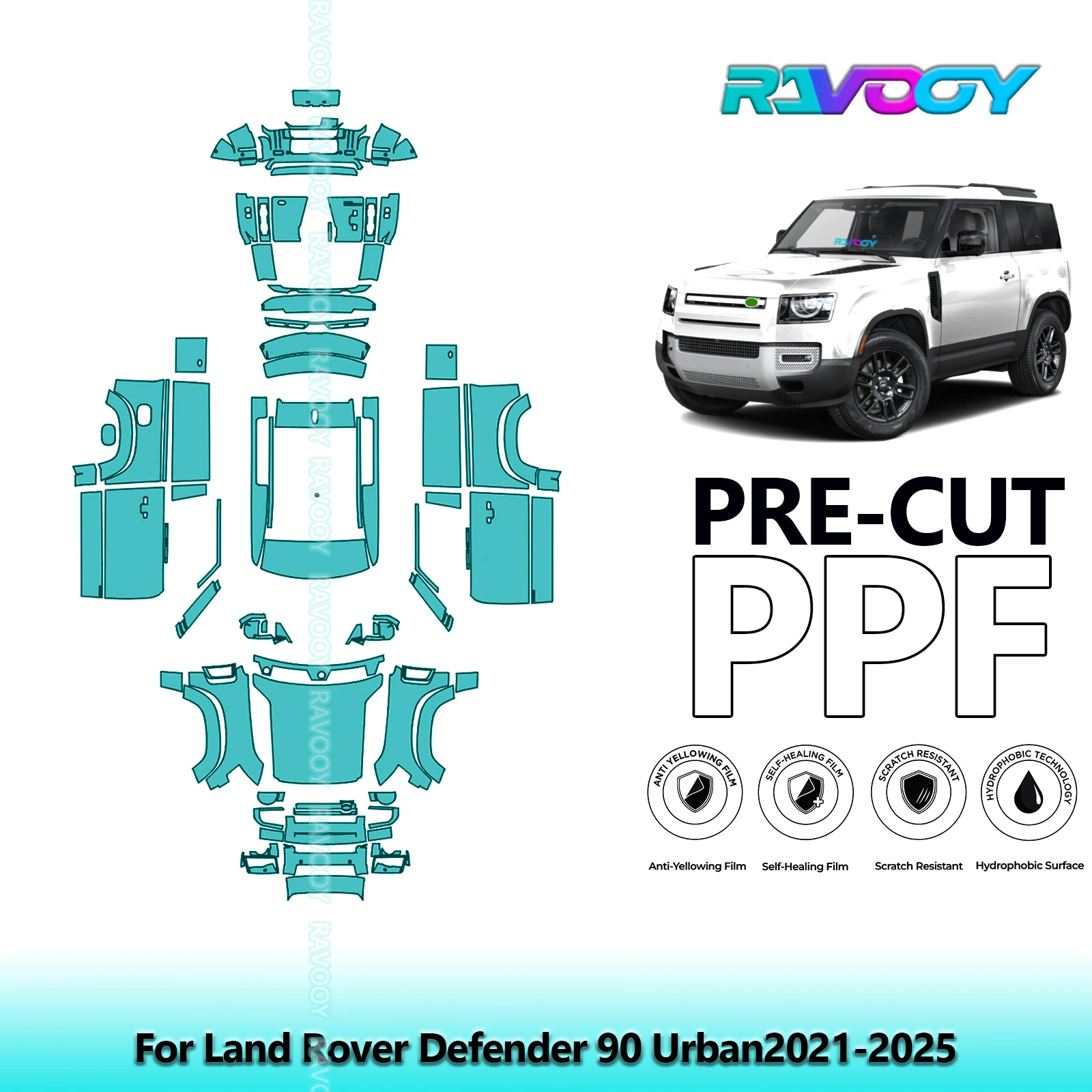 RAVOOY 8.5Mil Custom-Fit Precut TPU PPF Full Vehicle Clear Bra Stone Guard EU UK For Land Rover Defender 90 Urban2021-2026