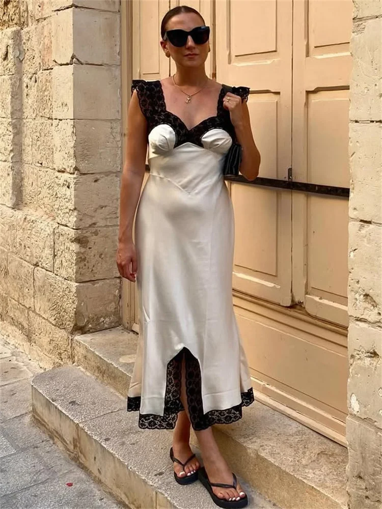 

Tossy Fashion Satin Lace Long Dress Women V-Neck Patchwork Hollow Out Sleeveless Lace-Up Dress Evening Female Autumn Maxi Dress