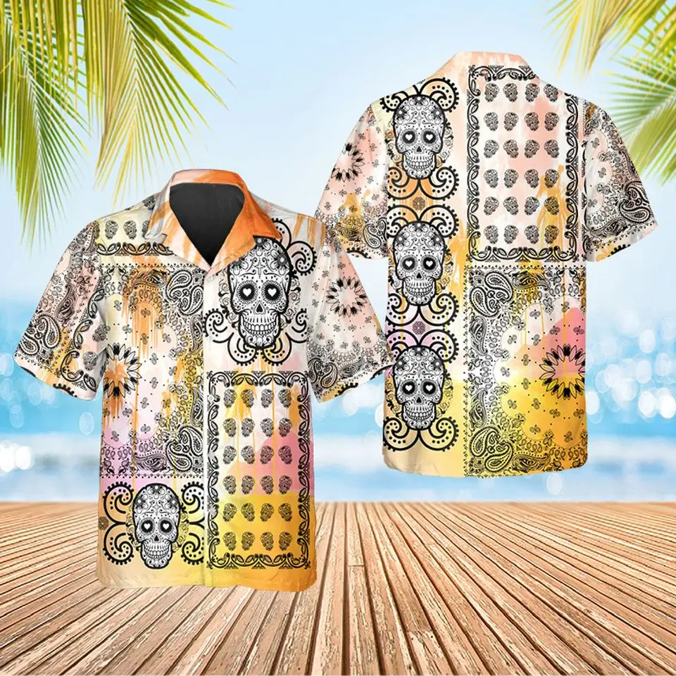 Retro skull print men's shirt summer anime vintage lapel Hawaiian beach shirt men's casual single-breasted short-sleeved top