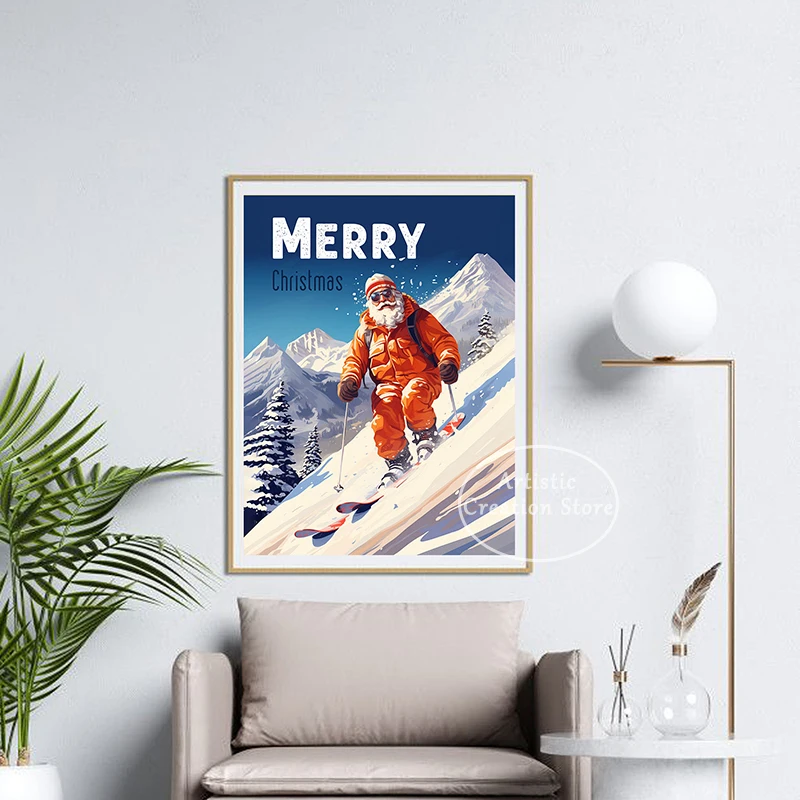 Ski Santa Poster Vintage Winter Apres Ski North Pole Prints Canvas Painting Christmas Holiday Wall Art Nordic Home Decor Gifts