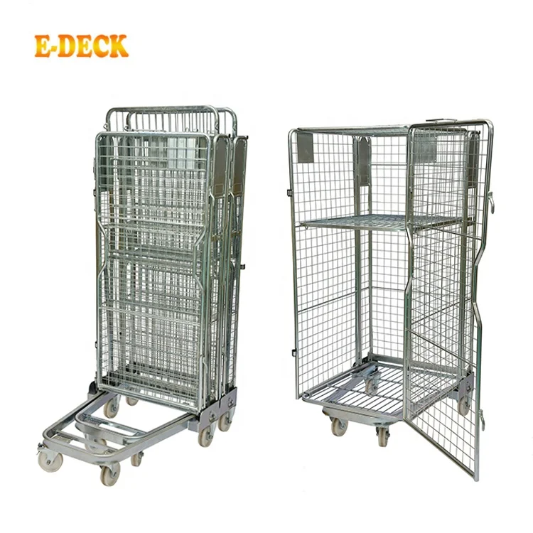 4 Sides Stackable Nestable Durable Good Quality 600kg Security Portable Welded Metal Laundry Trolley Carts With Wheels