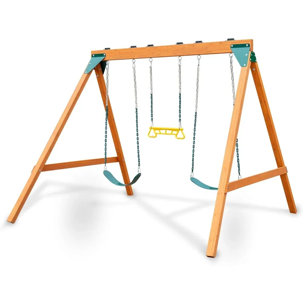 

Wooden swing set, each swing can support up to 115 pounds, 92 inches deep x 104 inches wide x 82 inches high, free shipping