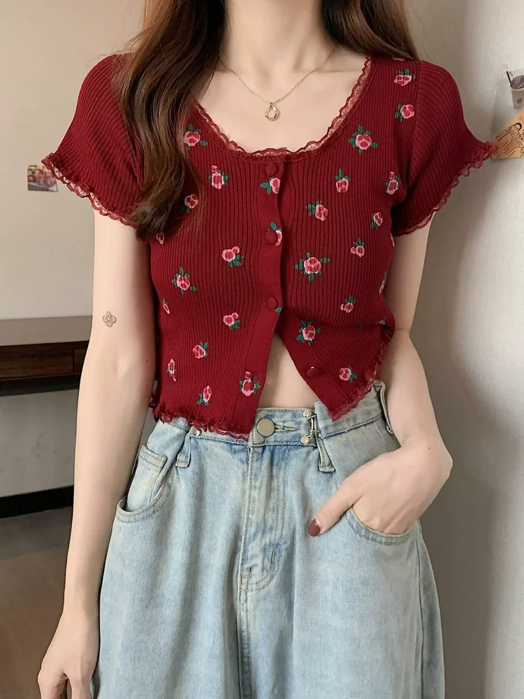 Patched Lace O-Neck Knitted Short Sleeve Thin Sweaters Cardigans Lady Single-breasted Printing Flowers Sweater Crop Tops Female