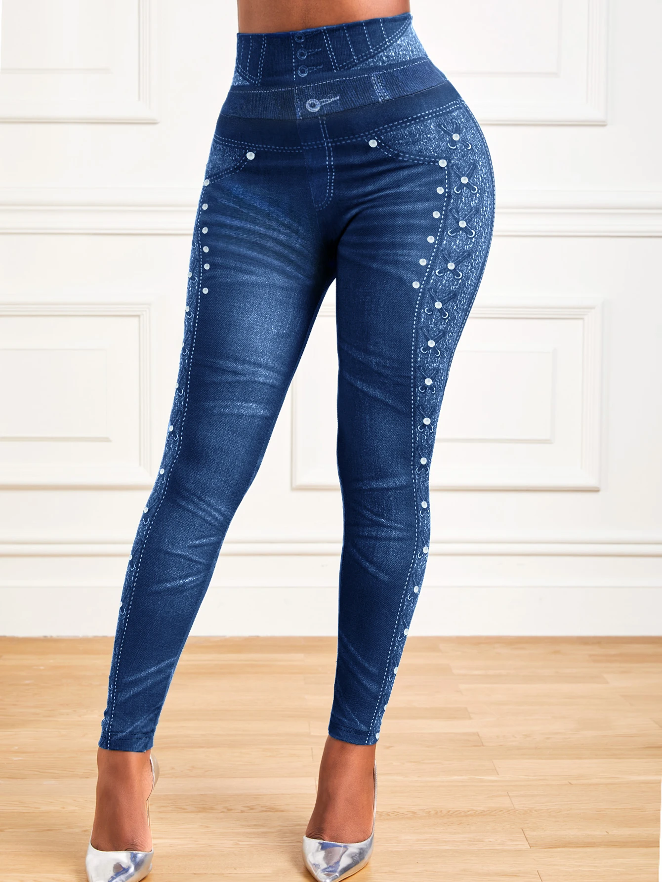 High-Stretch Denim Print Leggings Ultra Comfortable Tummy Control for Yoga High Rise Waist Daily Fashionable Drop Shipping