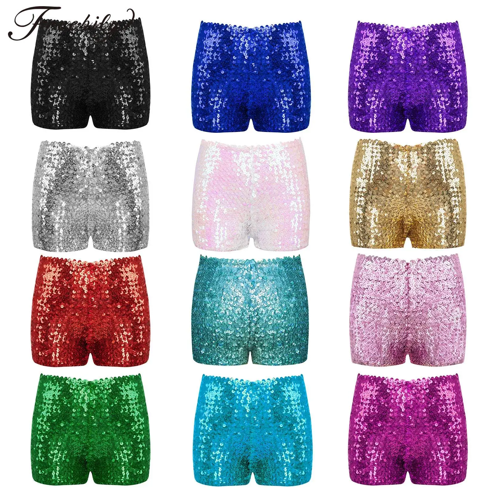 Kids Boys Girls Shiny Sequins Jazz Dance Shorts Fashion Dancewear Stage Performance Birthday Party Costume Elastic Short Pants