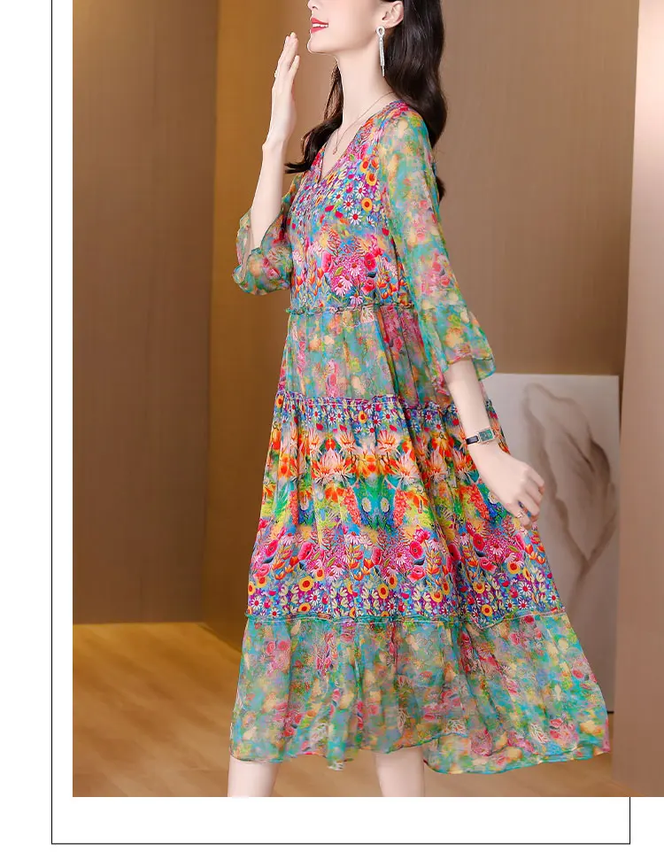 Summer Dress 2023 Woman Silk Floral Dress Elegant Long Beach Vintage Dresses for Women