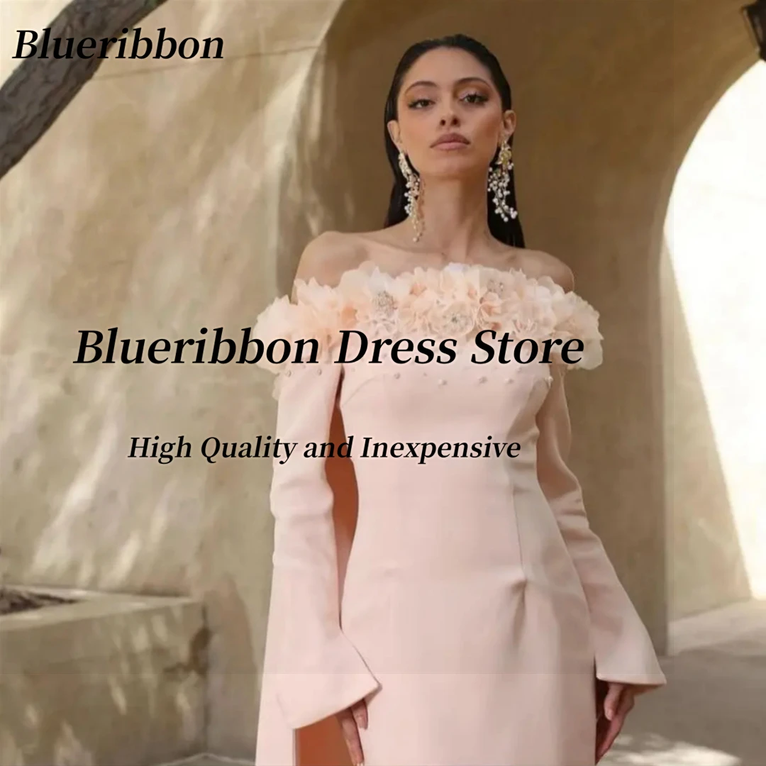 Blueribbon Elegant Boat Neck Evening Dresses Customized Bead Flowers Shawls Prom Dress Saudi Party Long Sleeves Vestidos De Noch