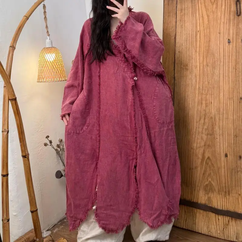 

Осенний новый художественный стиль, женские свободные повседневные длинные плащи с v-образным вырезом, высококачественное хлопковое льняное винтажное длинное пальто на одной пуговице TH15