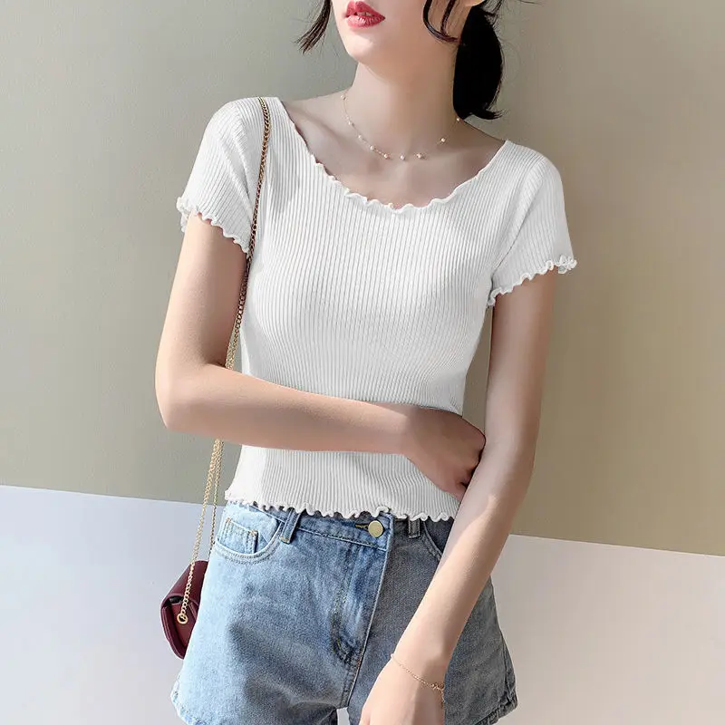 

Women High Waist Short Sleeve T-Shirt O-Neck Tops Elegant Temperament Tops Monochromatic Casual Simplicity Summer Clothes Fashio