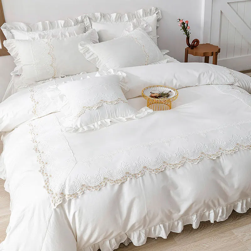 Pure Cotton Four-Piece Cotton Bedding Set White Bed Sheet Lace Quilt Cover Princess Style Bed Skirt Girl's Heart