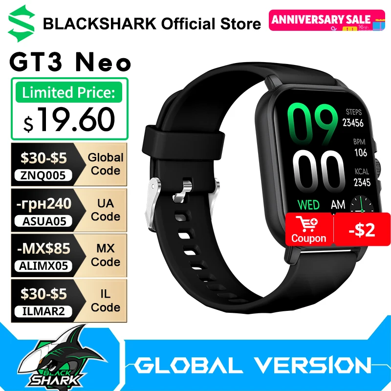 שעון חכם Blackshark GT3 NEO חדש עם מסך TFT בגודל 2.01 אינץ', חיי סוללה של 7 ימים, יותר מ-100 מצבי ספורט, עוזר קולי AI, שעון לגברים
