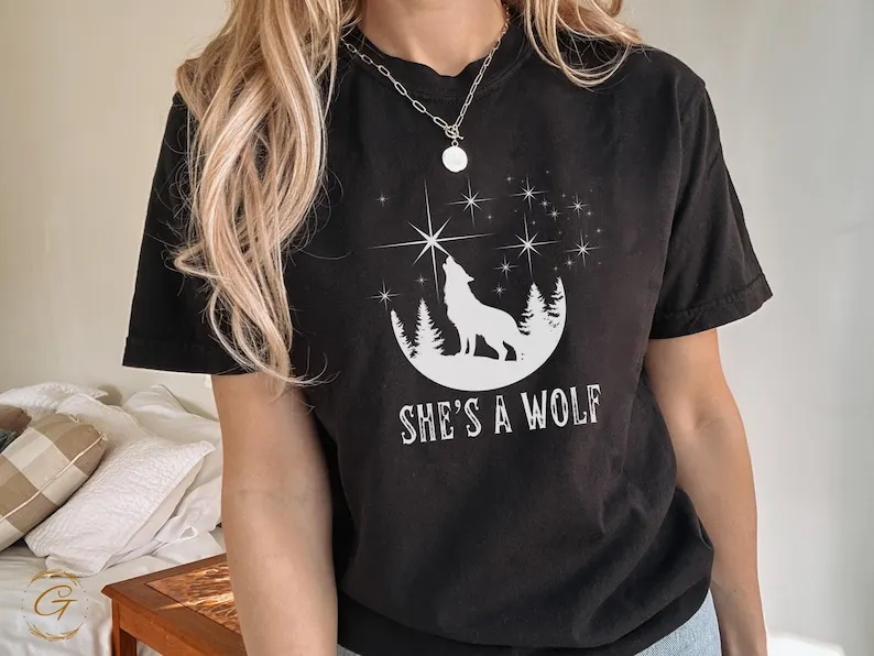 

International Women's Day T-Shirt, She's a Wolf Shirt, Howling Fantasy Wolf Shirt, Starry Night Wolf, Celestial Design Tee, Wolf