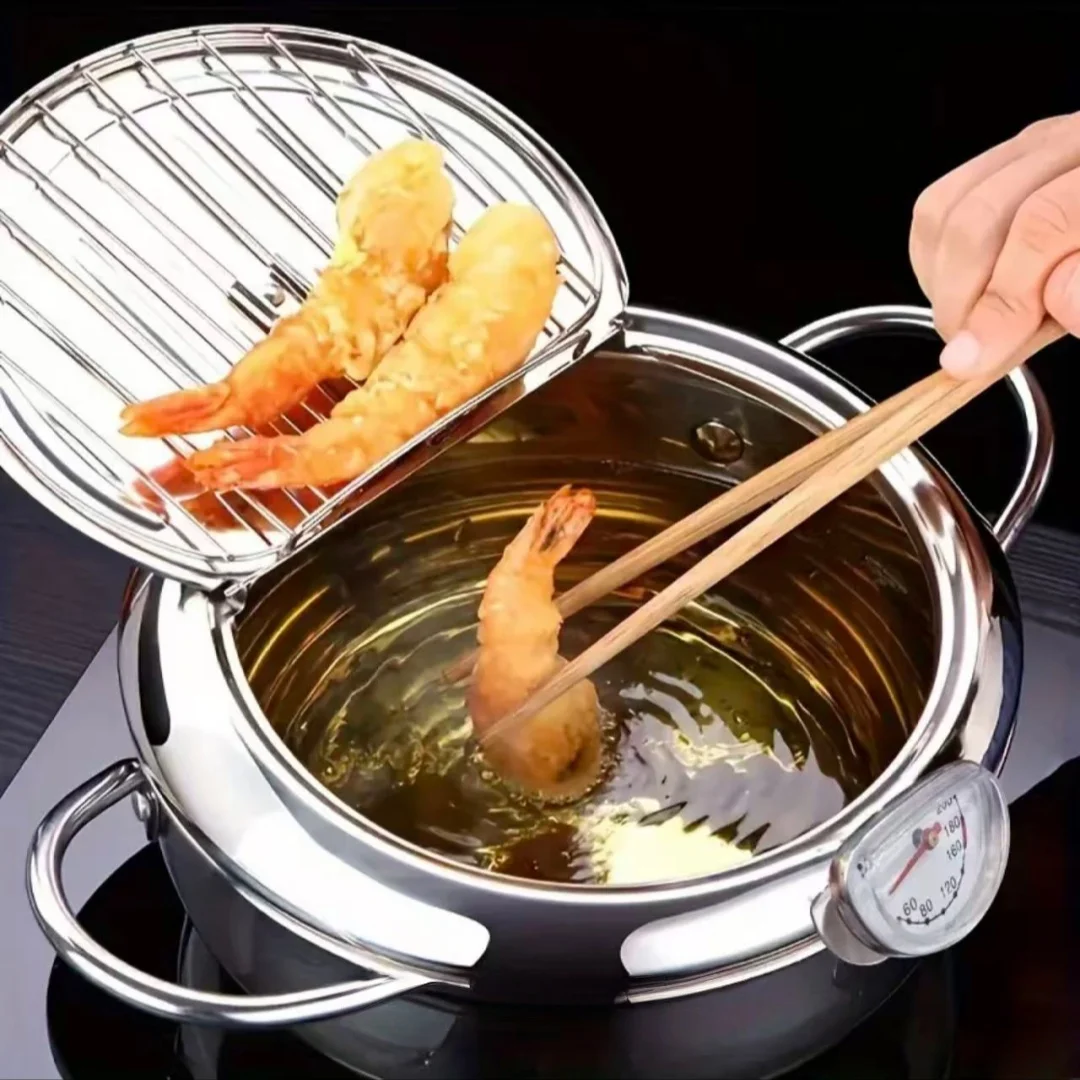 Stainless Steel Frying Pan with Lid, Temperature Control & Oil Drip Rack, Multi-Use Skillet for Frying Chips, Chicken, Compatible with Gas & Induction Cooktops view 3