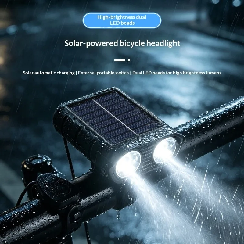 Solar Powered Bike Headlight Type-C Rechargeable Super Bright Bicycle Front Light Waterproof Long Battery Night Cycling Gear