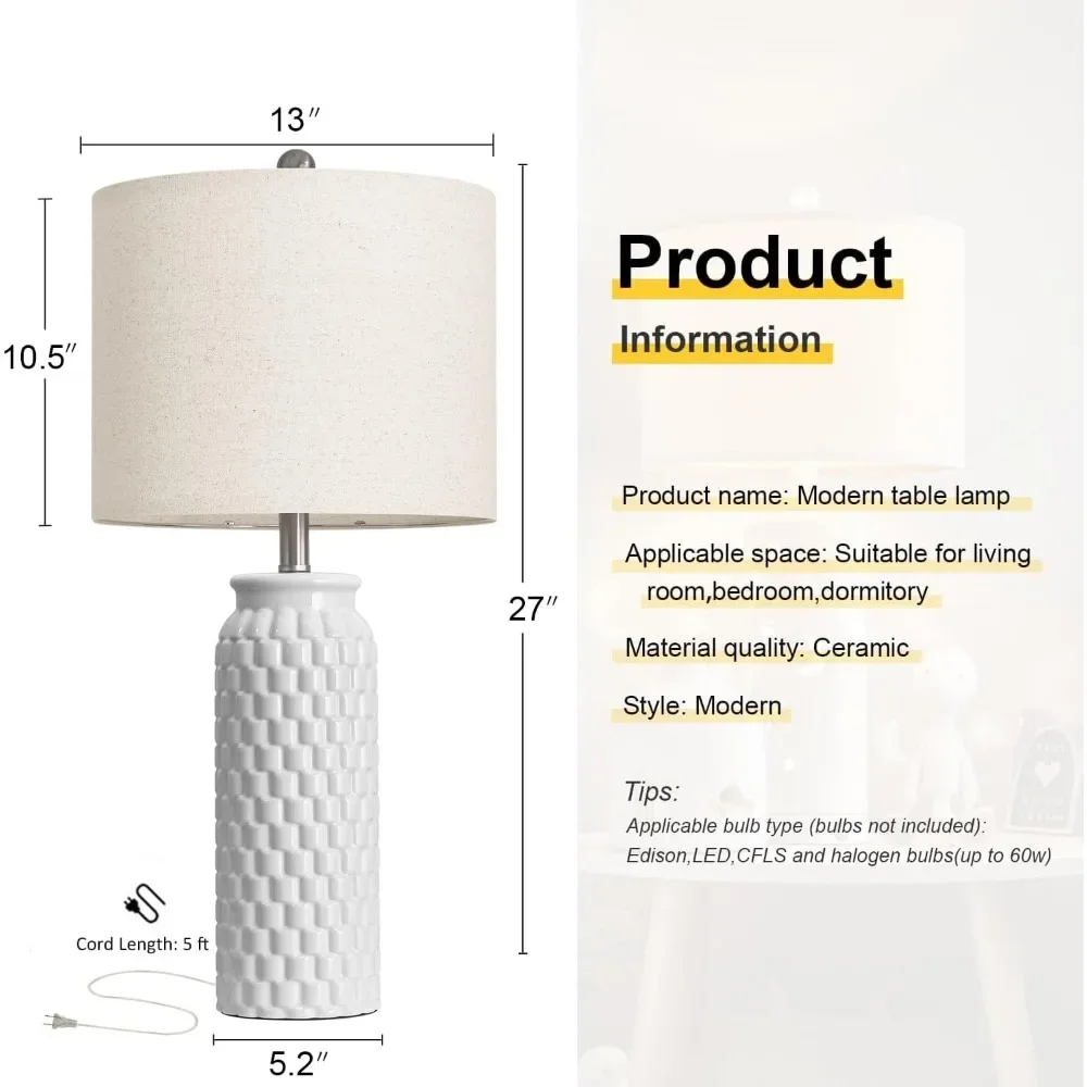 27" Ceramic Table Lamp Set of 2 - Modern Farmhouse & Boho, Bedside Nightstand Lamps for Bedroom, Living Room, Desk view 5