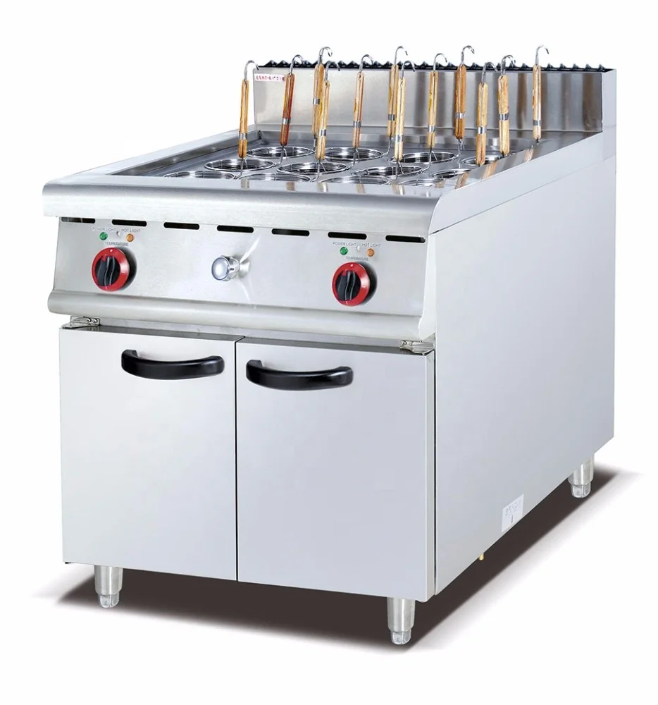 12-Basket Vertical Electric Pasta & Noodle Cooker Multi-Function Commercial Station With Griddle Plate & Storage Cabinet