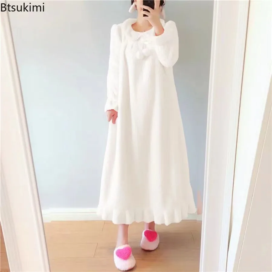 2025, Damen-Nachthemd aus dickem Flanell, Herbst und Winter, warm, einfarbig, langärmelig, Spitze, Nachtwäsche, neues süßes Mädchen-Nachthemd