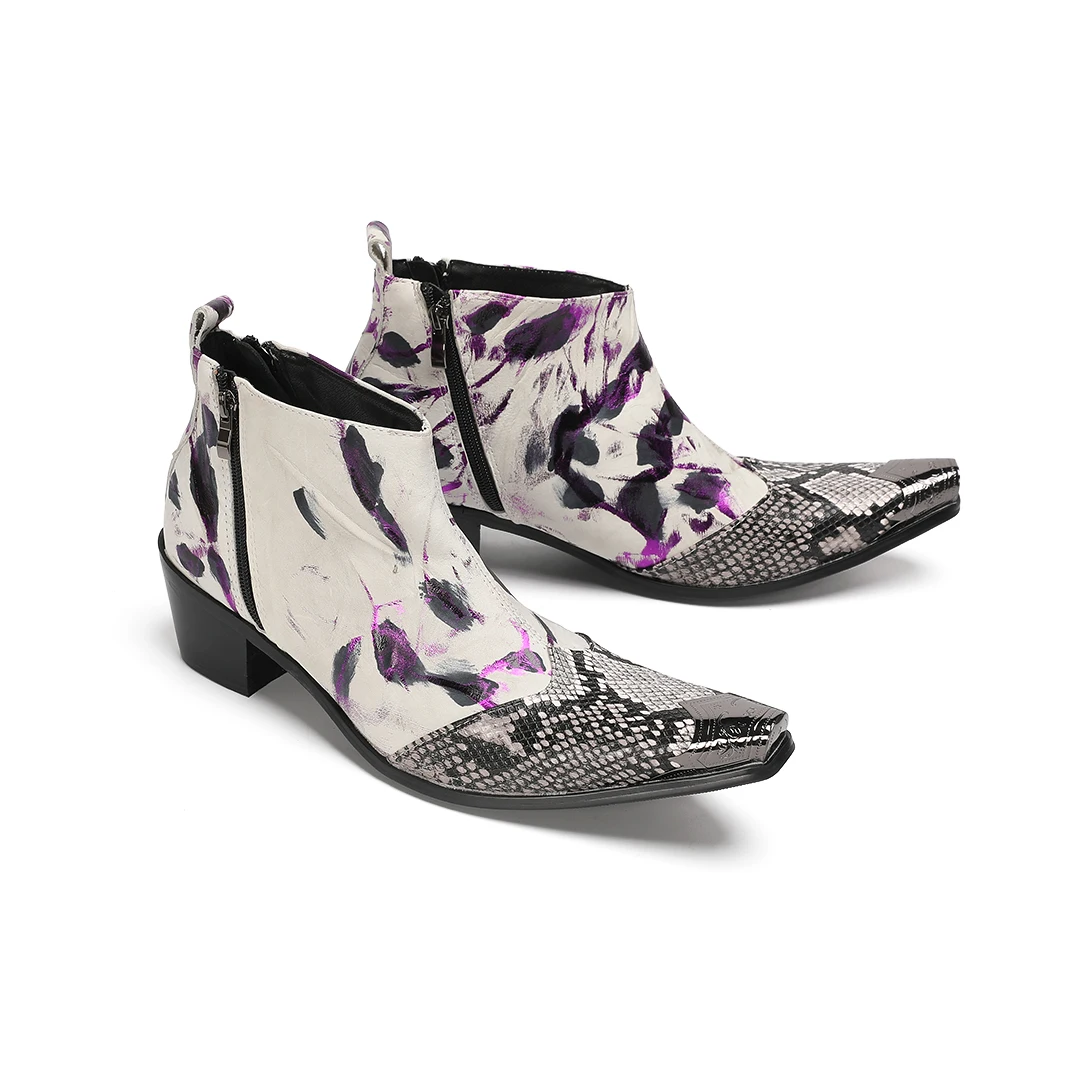 

Men's Artistic Purple & Black Brush-Stroke Western Ankle Boots with Snakeskin Toe Detail Side Zipper Fashion Ankle Boots