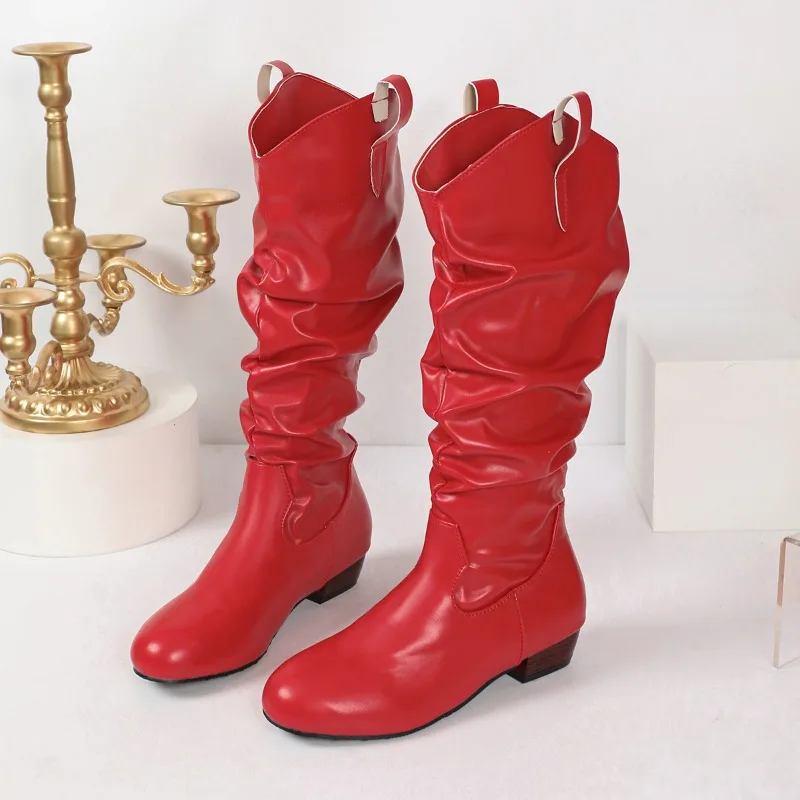 Large Women's Shoes Autumn New Item Pleated Round Toe Western British Style Thick Heel Long Tube Boots