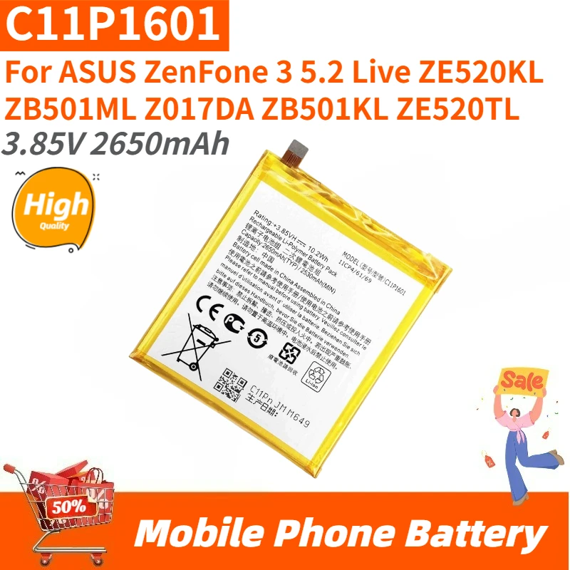 

High Quality C11P1601 Replacement Phone Battery 3.85V 2650mAh For ASUS ZenFone 3 5.2 Live ZE520KL ZB501ML Z017DA ZB501KL ZE520TL