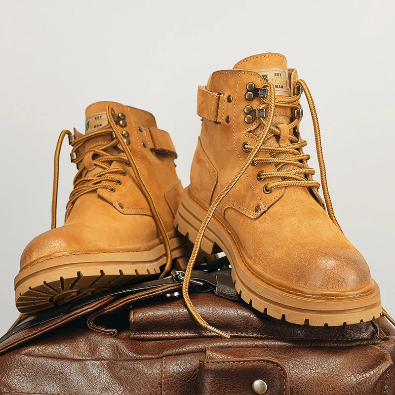 

2025 New Men's Big Yellow Boots Durable Anti - Skid Sole High - Top Chunky Sole Winter Fleece Lined British Work Boots Motorcycl