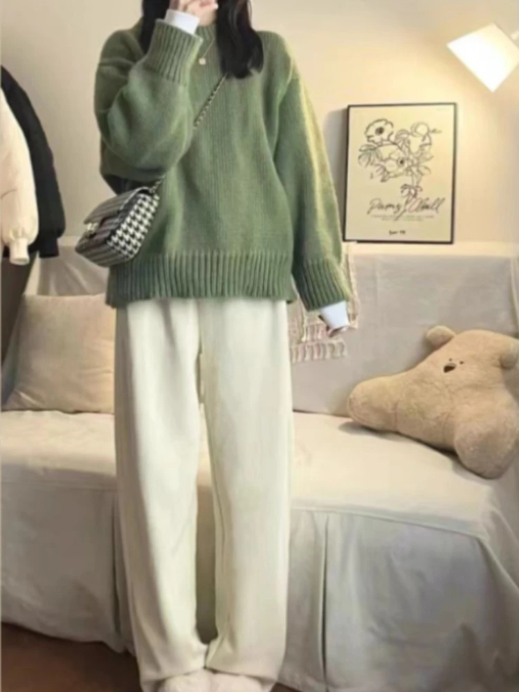 Pulls Baggy monochromes pour femmes, tricots décontractés, manches longues, vêtements côtelés, vert, élégant, charmant, esthétique, tout match,