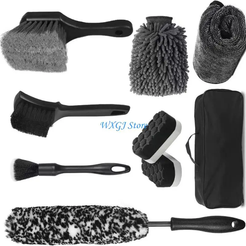 37JE 7Pcs Soft Bristle Wheel Brush Set Detailing Short Handle Car Cleaning Tool