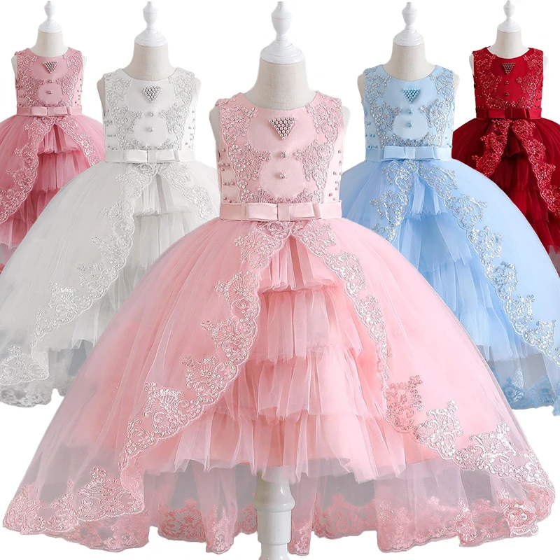 Boutique Young Girl Floor Length Lace Flower Beaded Wedding Bridesmaid Elegant Cocktail Dresses 3-12Years Kids Formal Dress