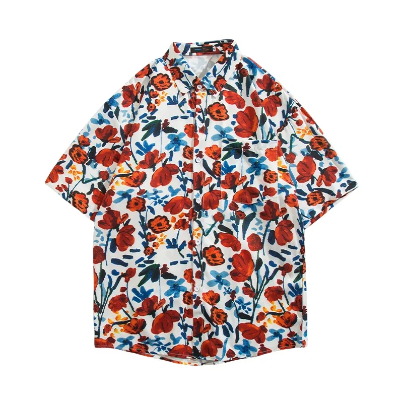Summer Men's Hawaiian Seaside Vacation Short Sleeve Flower Shirt Retro Loose Handsome Beach Half Sleeve Floral Shirt Jacket