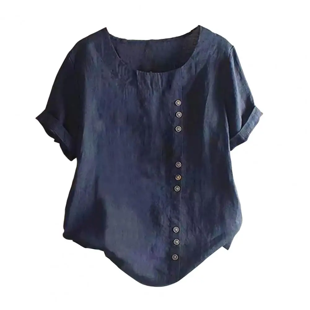 ผู้หญิงผ้าฝ้ายลินินดอกไม้พิมพ์เสื้อแขนสั้นเสื้อฤดูร้อน Lady Retro Vintage หลวมเสื้อ Tops