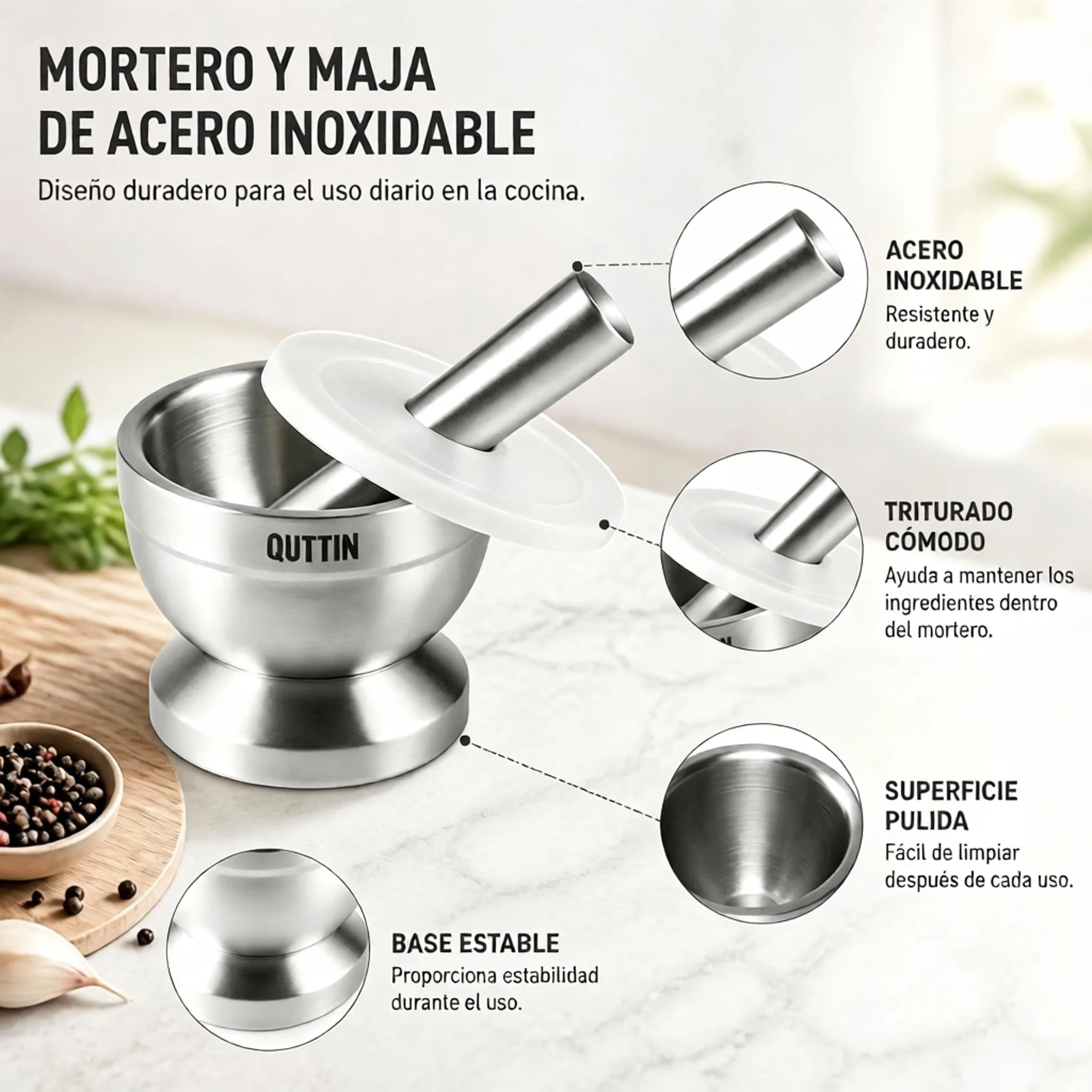 Mortier en acier inoxydable Quttin avec pilon 9,8x8,2 cm, écraseur d'ail et d'épices avec couvercle de protection, broyeur manuel ergonomique pour cuisines professionnelles et domestiques