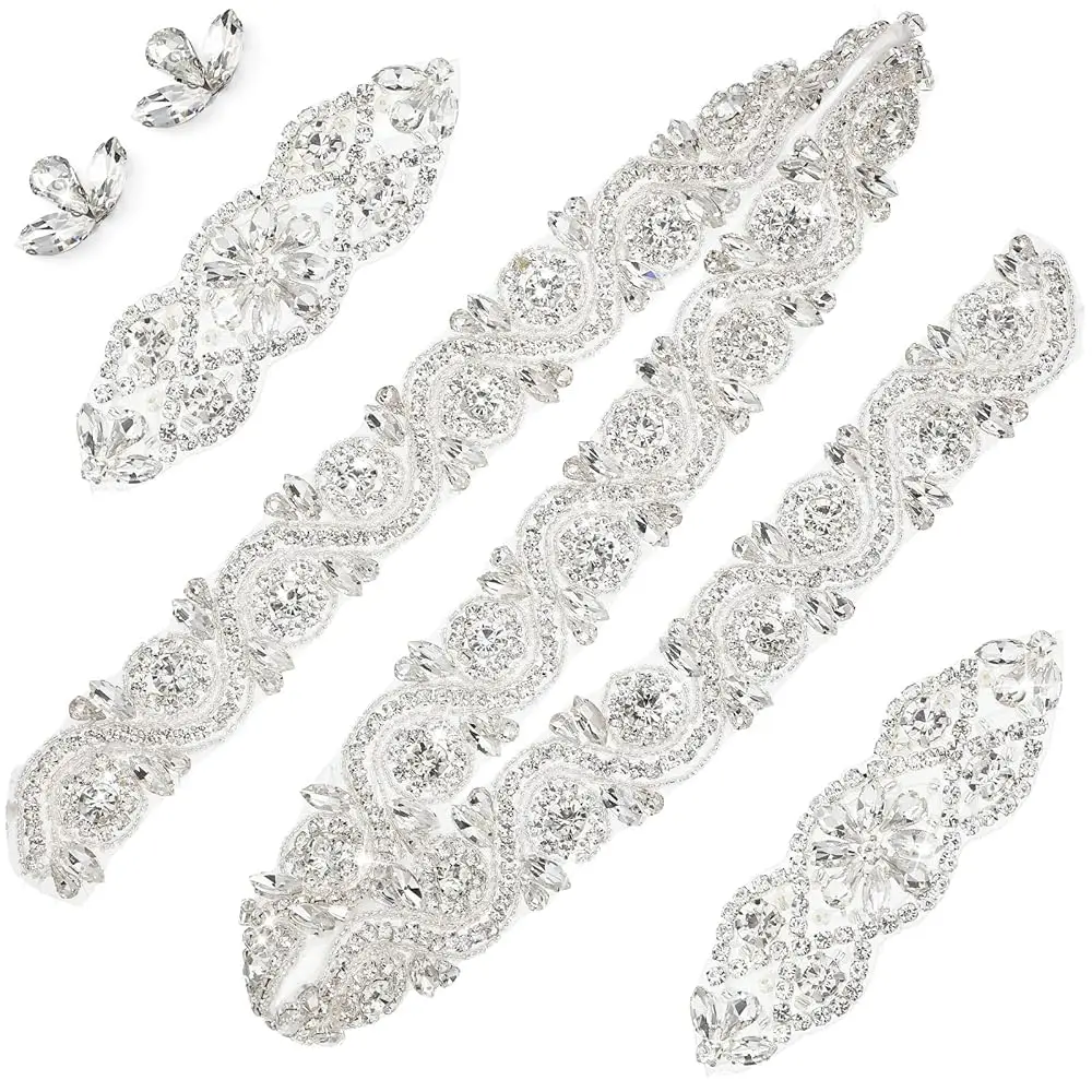 

5 Pcs Crystal Rhinestone Wedding Applique Iron on Rhinestone Sash Hair Applique for Bridal Wedding Dress Clothes Shoes