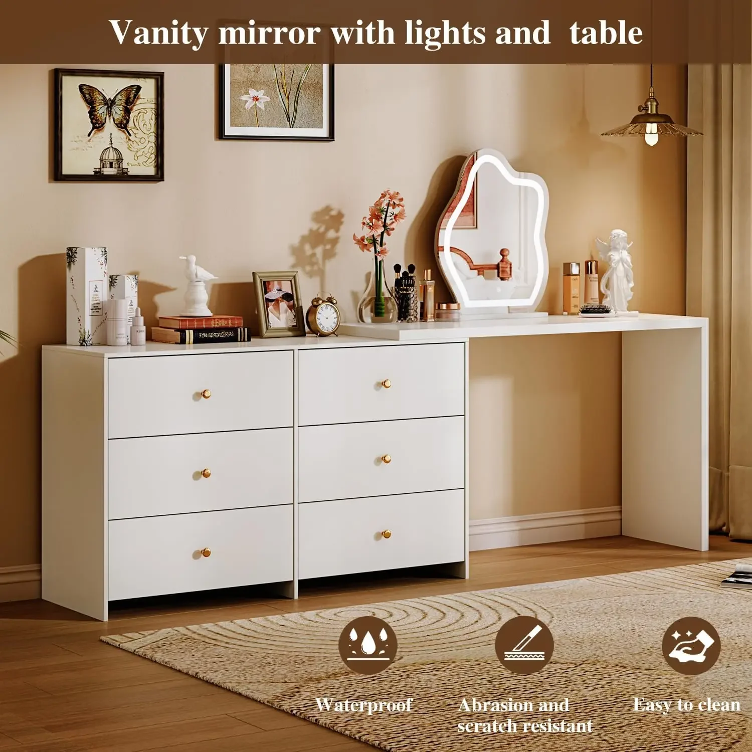 Table de maquillage d'angle moderne, avec miroir à LED et 6 grands égouts de proximité, avec armoire, table en élasthanne rétractable, pour écriture d'ordinateur portable