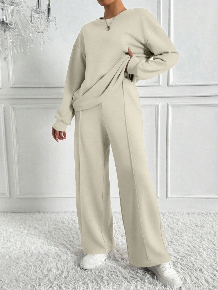 

Spring New Solid Color Round Neck Long Sleeve Women Sweatshirt Ins Fashion High Street Casual Harajuku Suit Women Two-piece Set
