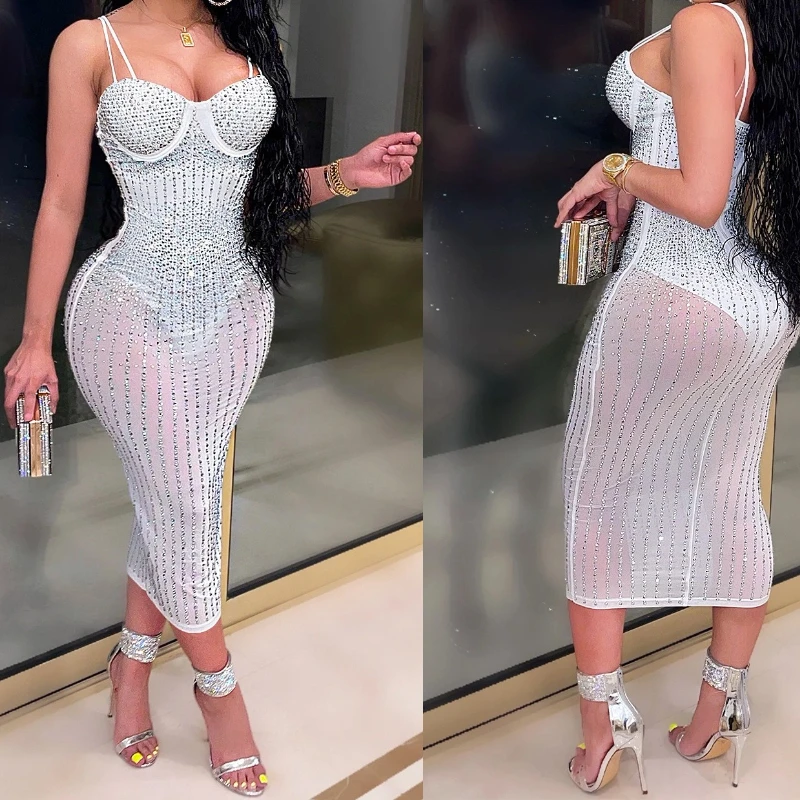 Robe moulante pour femmes maille voir si strass chauds plongeant col en v noir Midi Sexy discothèque crayon robes robes de soirée