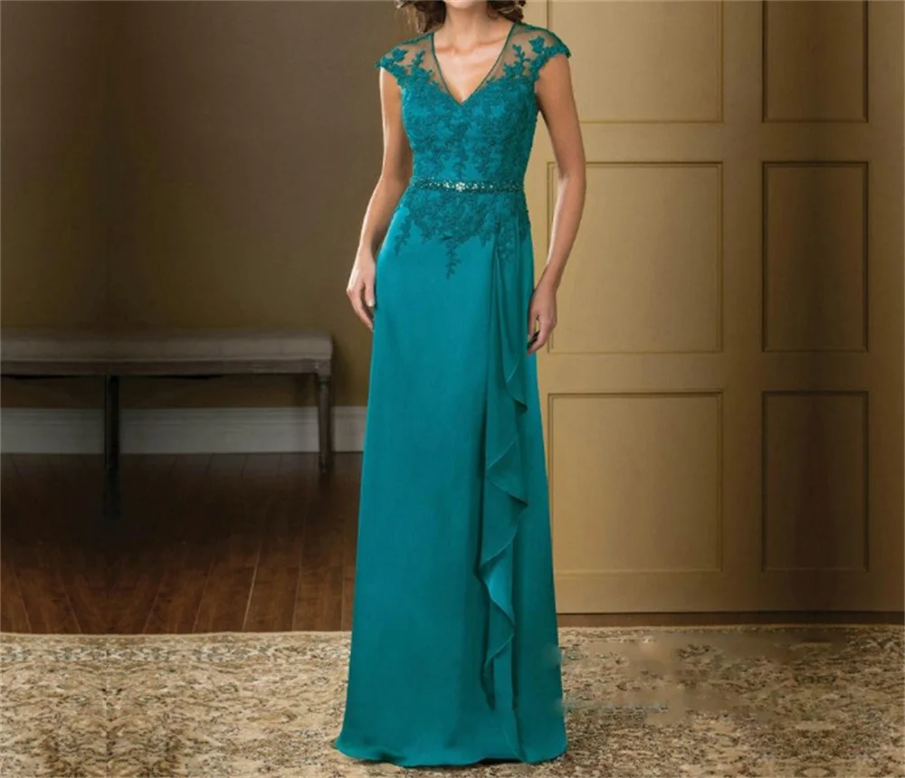 A-Line Lace Floor-Length Mother Of The Bride Dress Elegant 2023 Plus Sizes Turquoise Appliques Chiffon Short Sleeve Ruffles Belt